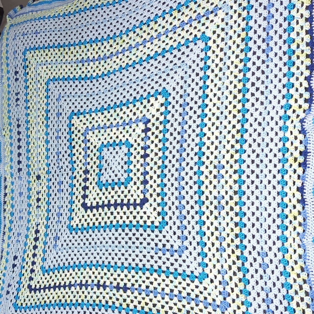 Handmade Crochet Blanket in Navy, Blue and Green